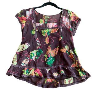 FEI Anthropologie Size 6 100% Silk Short Sleeve Floral Sheer Top w/ Camisole